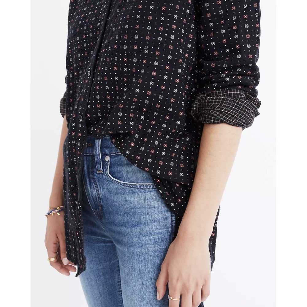 Madewell Women's XS Black Floral Long Sleeve Oversized Ex-Boyfriend Cotton Shirt
